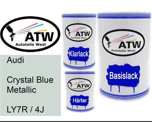 Audi, Crystal Blue Metallic, LY7R / 4J: 500ml Lackdose + 500ml Klarlack + 250ml Härter - Set, von ATW Autoteile West.